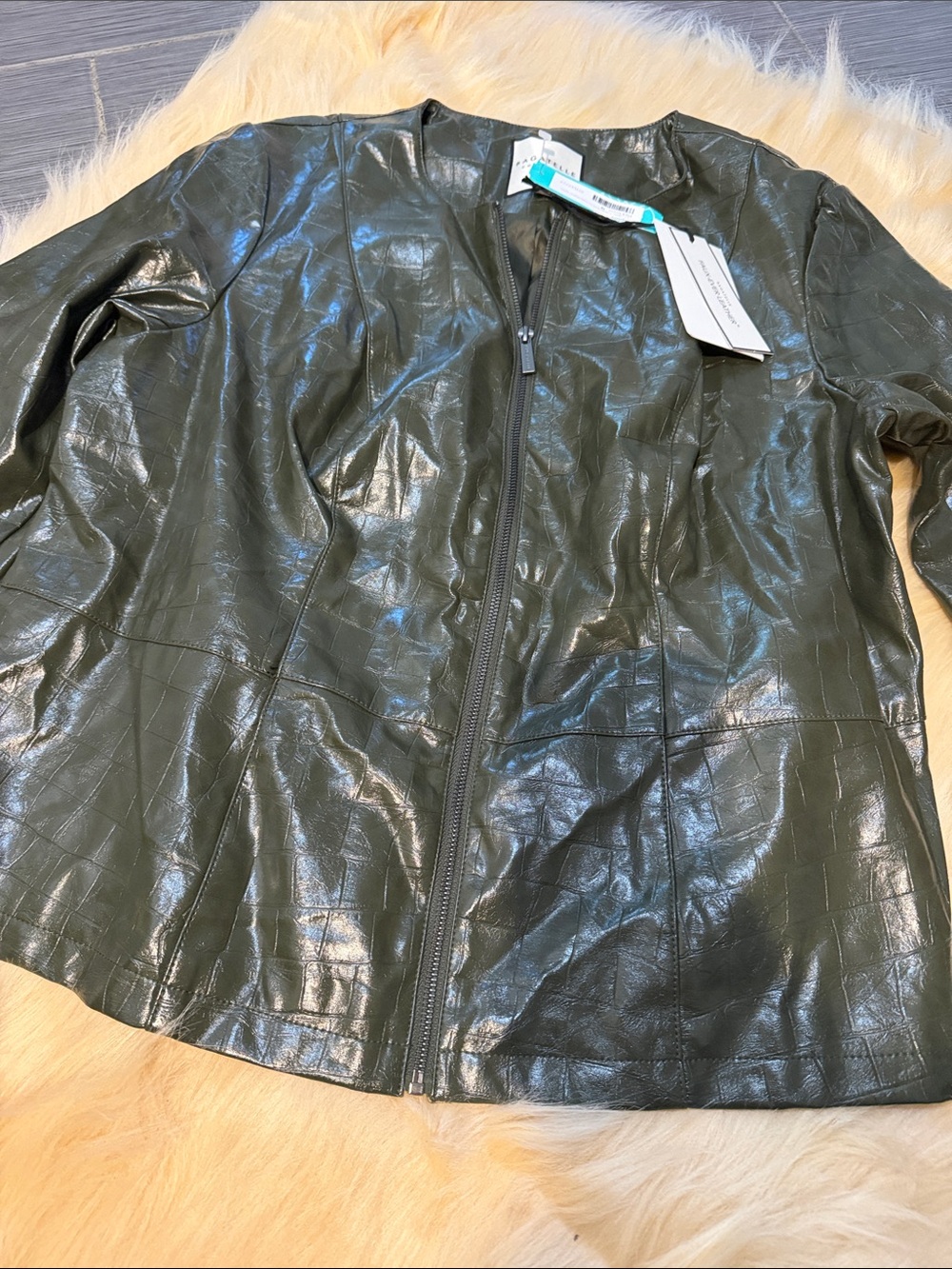 Olive Green Faux Leather Zip-Front Blazer